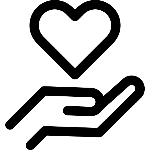 small white icon of hand with a heart shape above hand